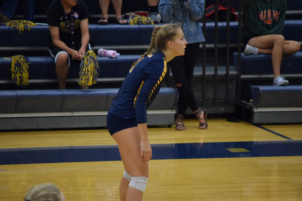 Loudoun County senior outside Hannah Aycock reenergized the Lady Raiders offense in the fourth set in the battle of reigning state champions. Photo by Owen Gotimer.